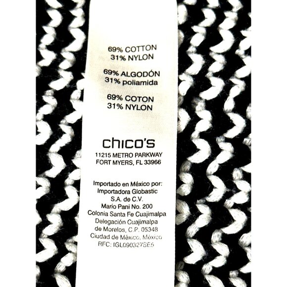 Chicos Black White Fringed Open Front Knit Cardigan Sweater 3/4 Sleeves Size 1 - Picture 6 of 13
